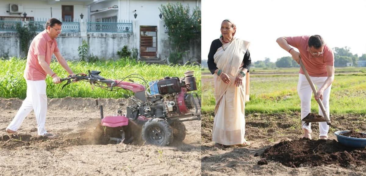 खटीमा में खेत में उतरे सीएम धामी, टिलर चलाकर की जुताई, गोबर की खाद डालकर दिया जैविक खेती का संदेश