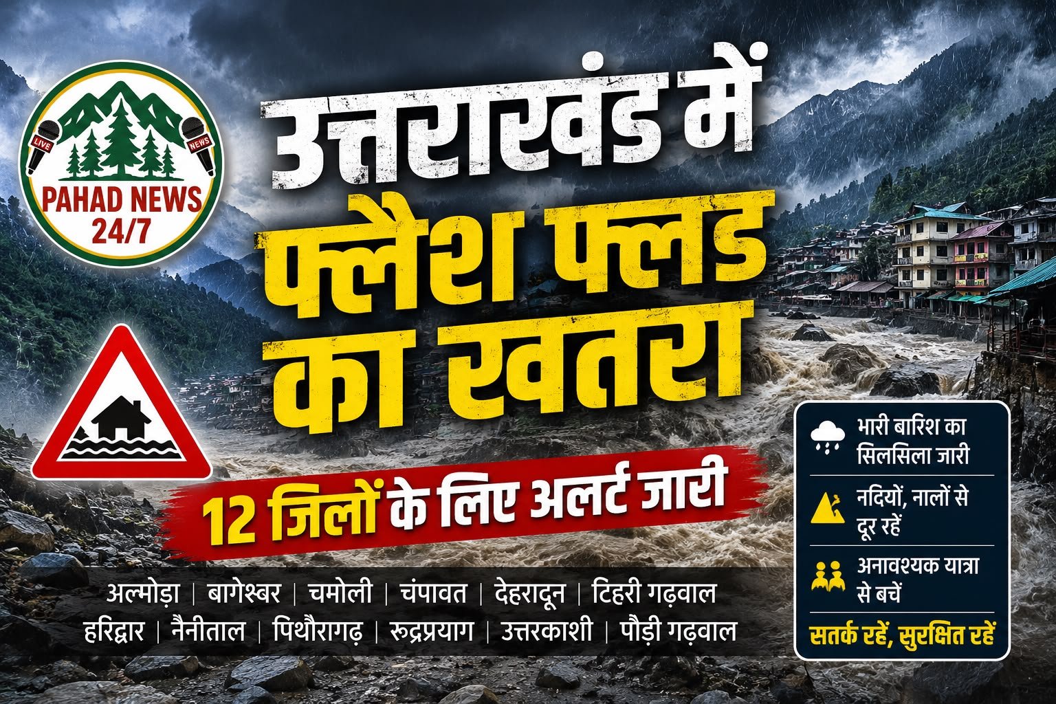 उत्तराखंड में फ्लैश फ्लड का खतरा, 12 जिलों के लिए अलर्ट जारी